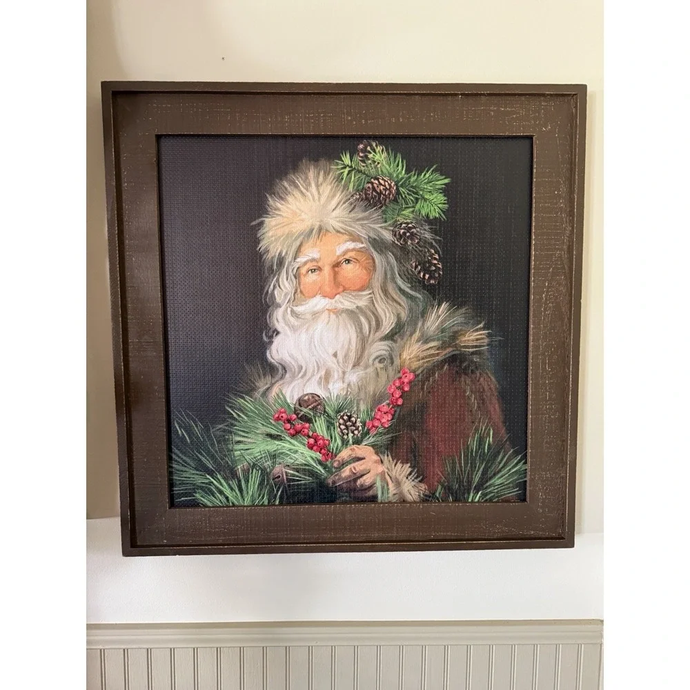 Primitive Woodland Santa 30x30 Christmas Wall Art Wood Frame Show Stopper!